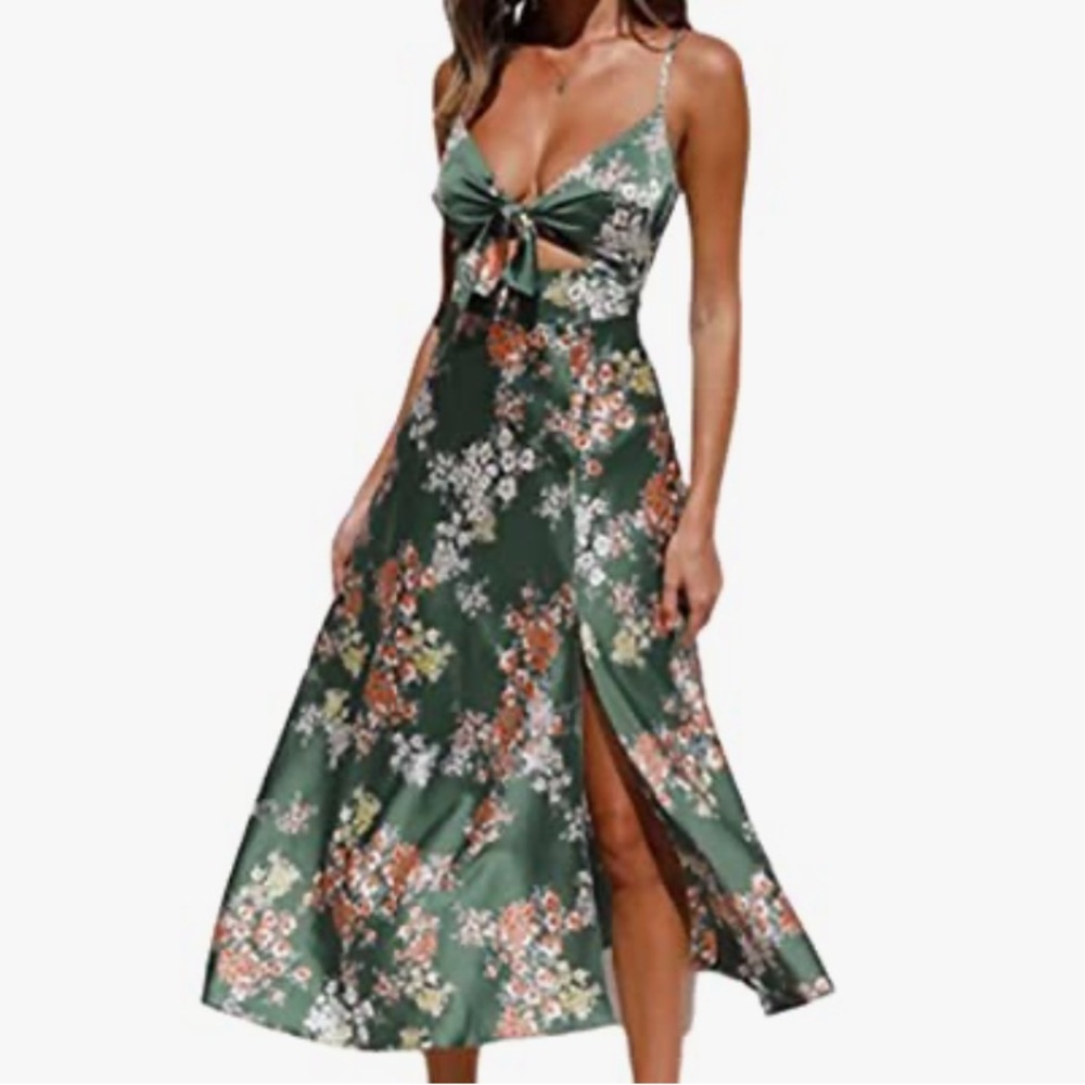 🩷FLORAL SATIN STRAP SUMMER MAXI DRESS CUTOUT SPLIT HEM TRENDING SIZE MEDIUM - Picture 5 of 8